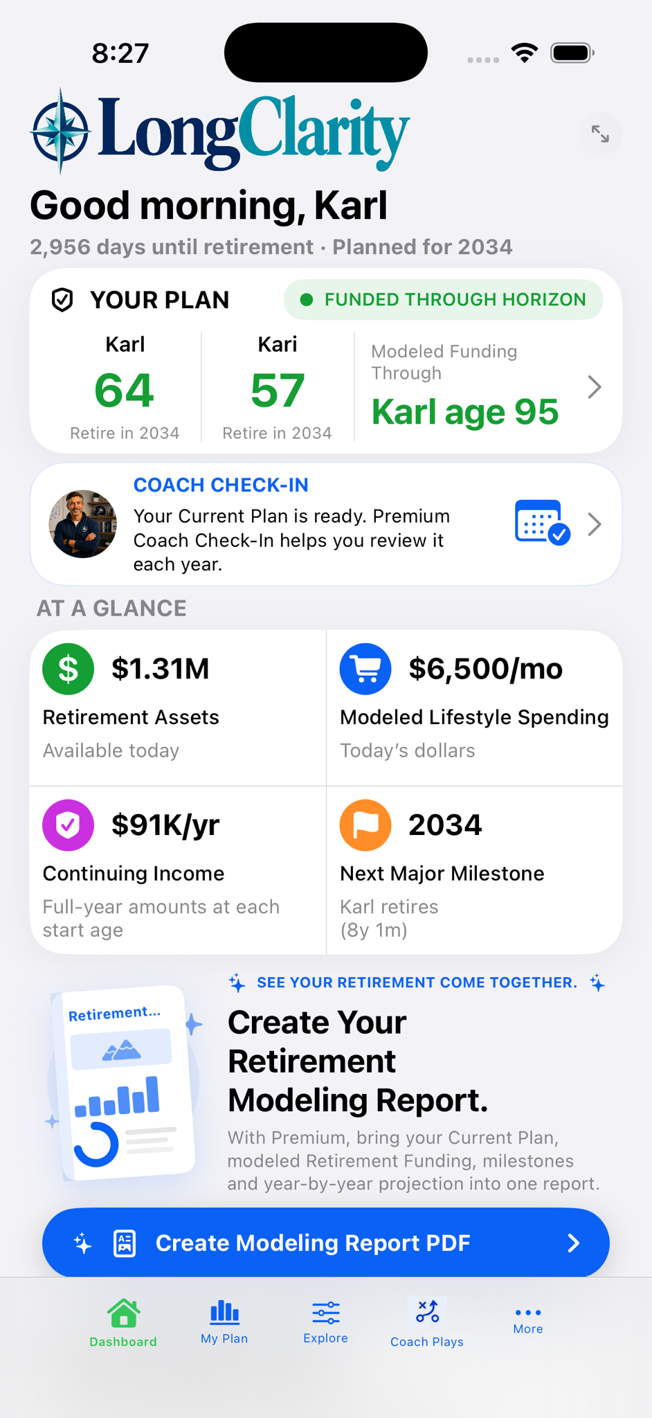 LongClarity Dashboard showing a household retirement plan, modeled funding, key retirement metrics, Coach Check-In, and retirement plan report.