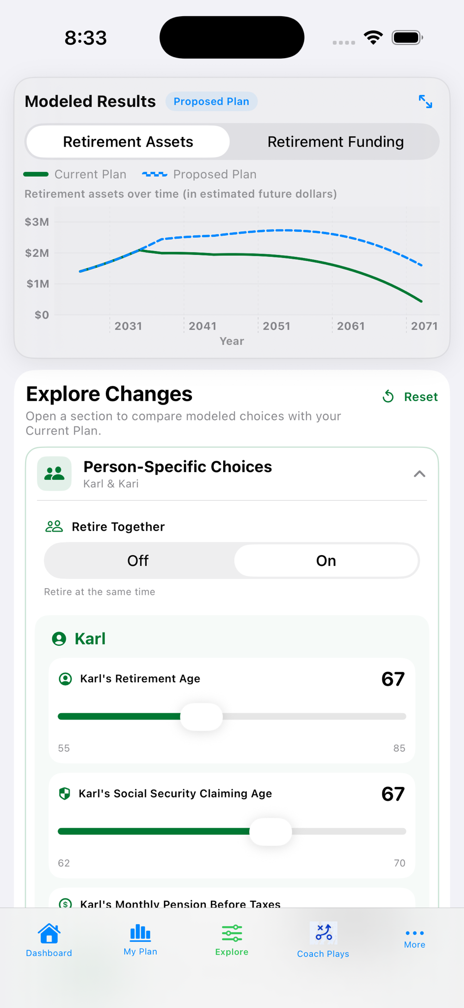 Explore Your Options screen comparing Current Plan and Proposed Plan Retirement Assets and showing modeled choices.